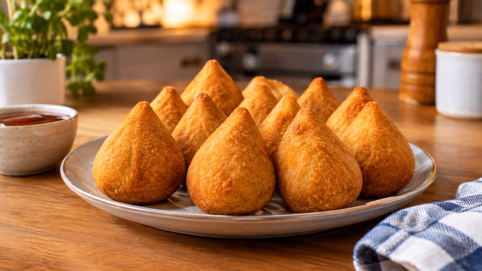 Coxinha caseira crocante por fora e cremosa por dentro