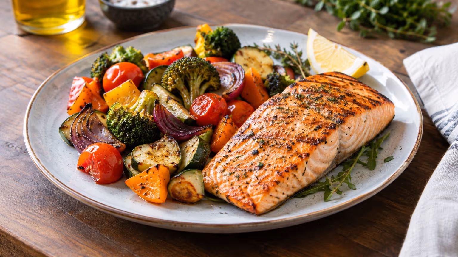 Salmão grelhado com legumes no forno