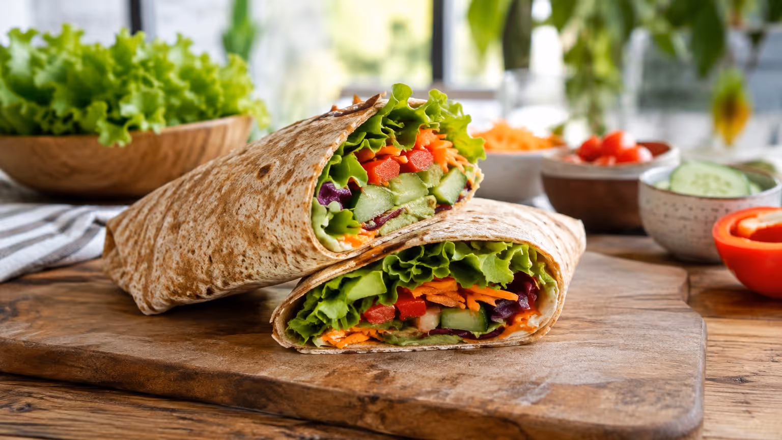Wrap integral recheado de vegetais frescos
