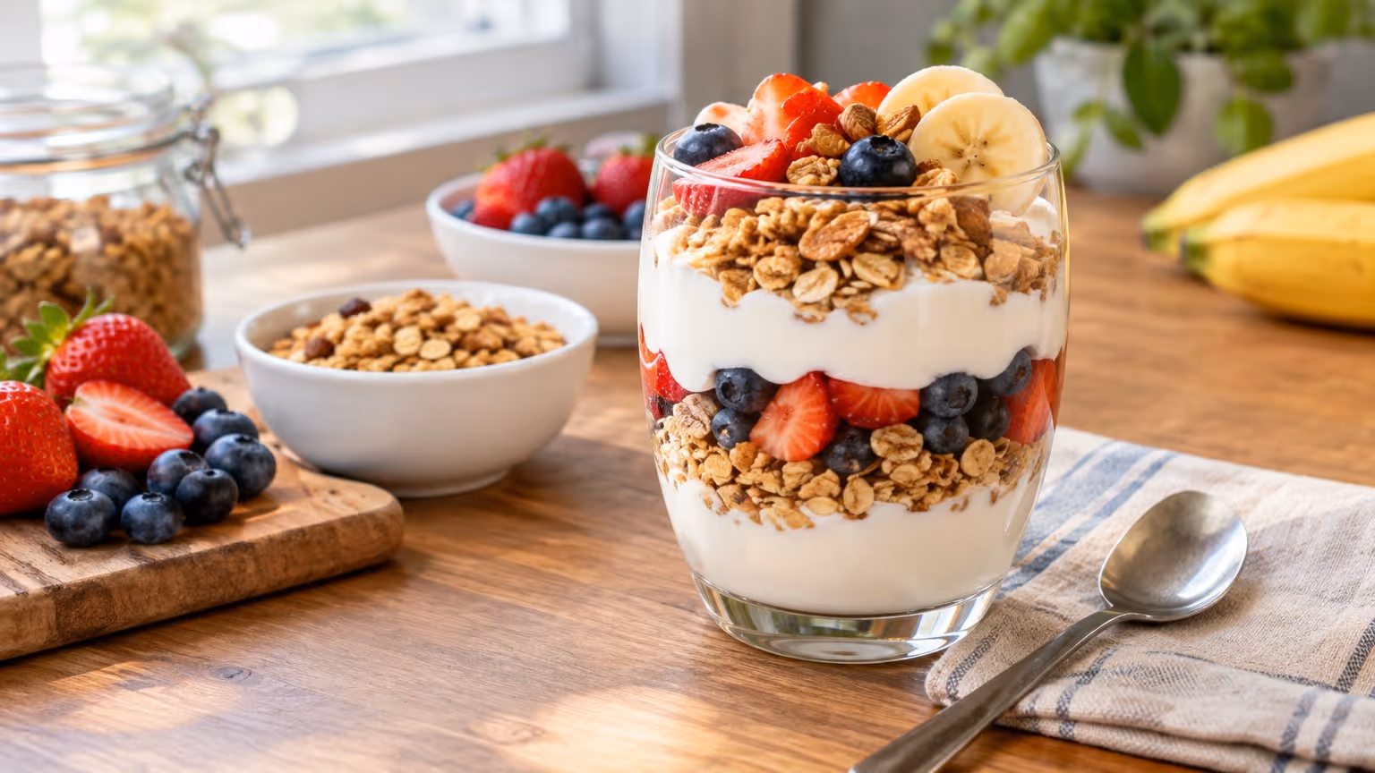 Iogurte com granola caseira pro lanche da tarde