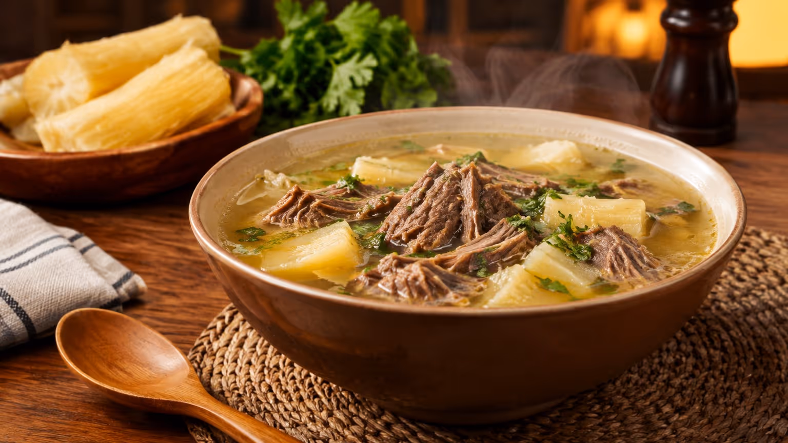 Caldo de mandioca com carne desfiada