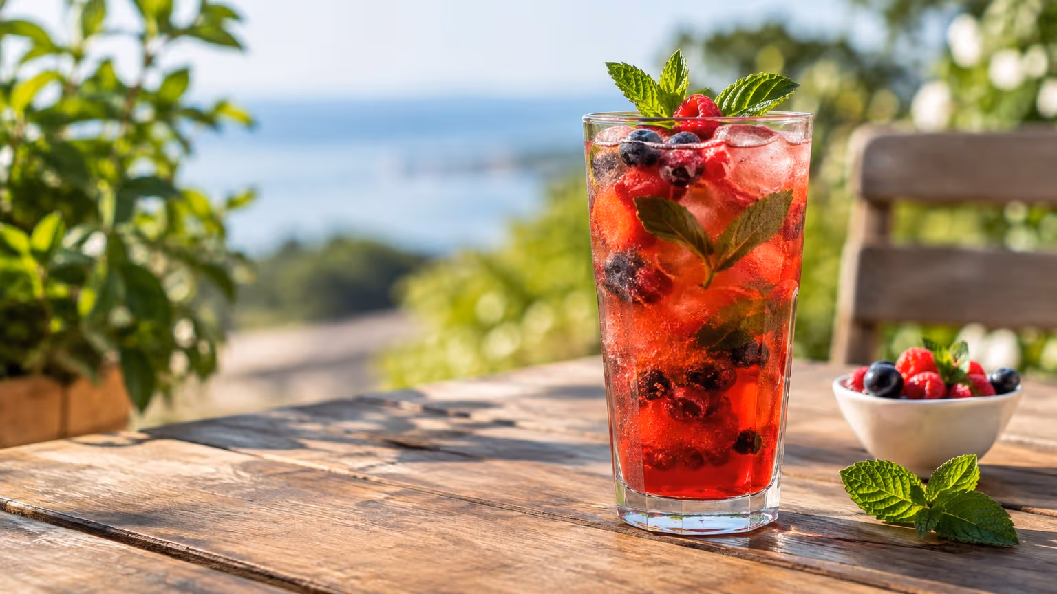 Chá gelado de frutas vermelhas pro verão