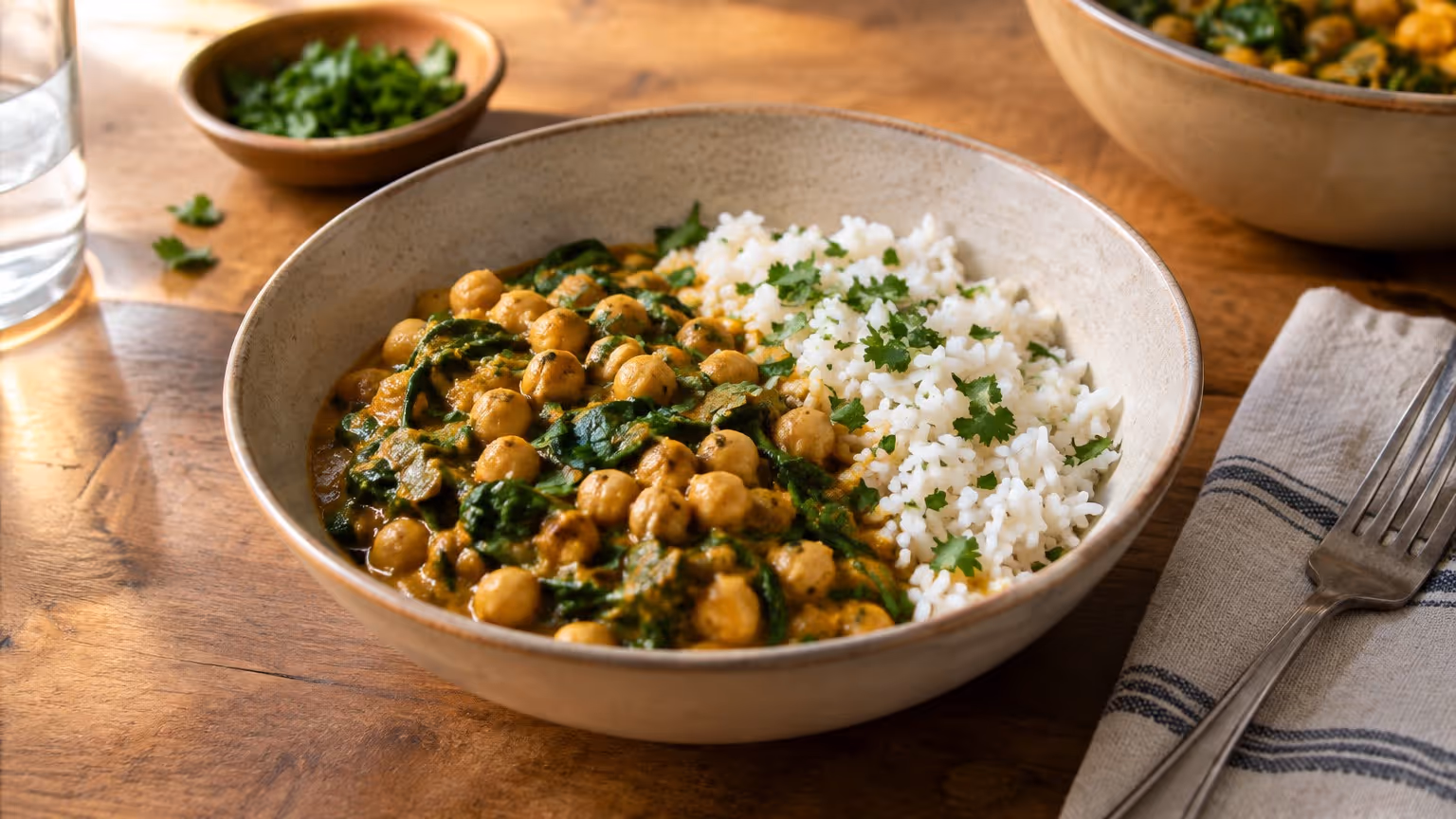 Curry de grão de bico e espinafre cremoso
