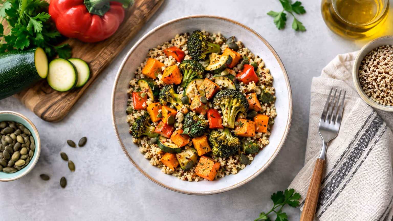 Salada morna de quinoa e legumes assados